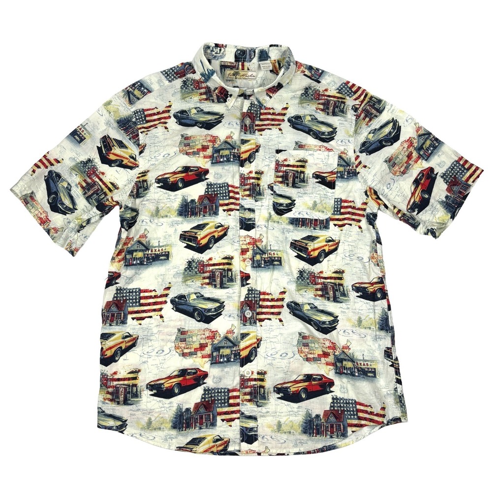 Joe Marlin Classic Route 66 Ford Mustang Button Up Shirt Mens XXL Red White Blue